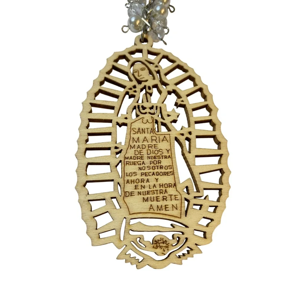 Virgin Mary Santa Maria Wooden Keychain Spanish Prayer Laser Cut Wood Bead Charm